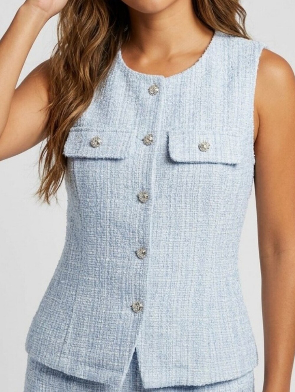 Badgley Mischka Light Blue Tweed Button Front Vest